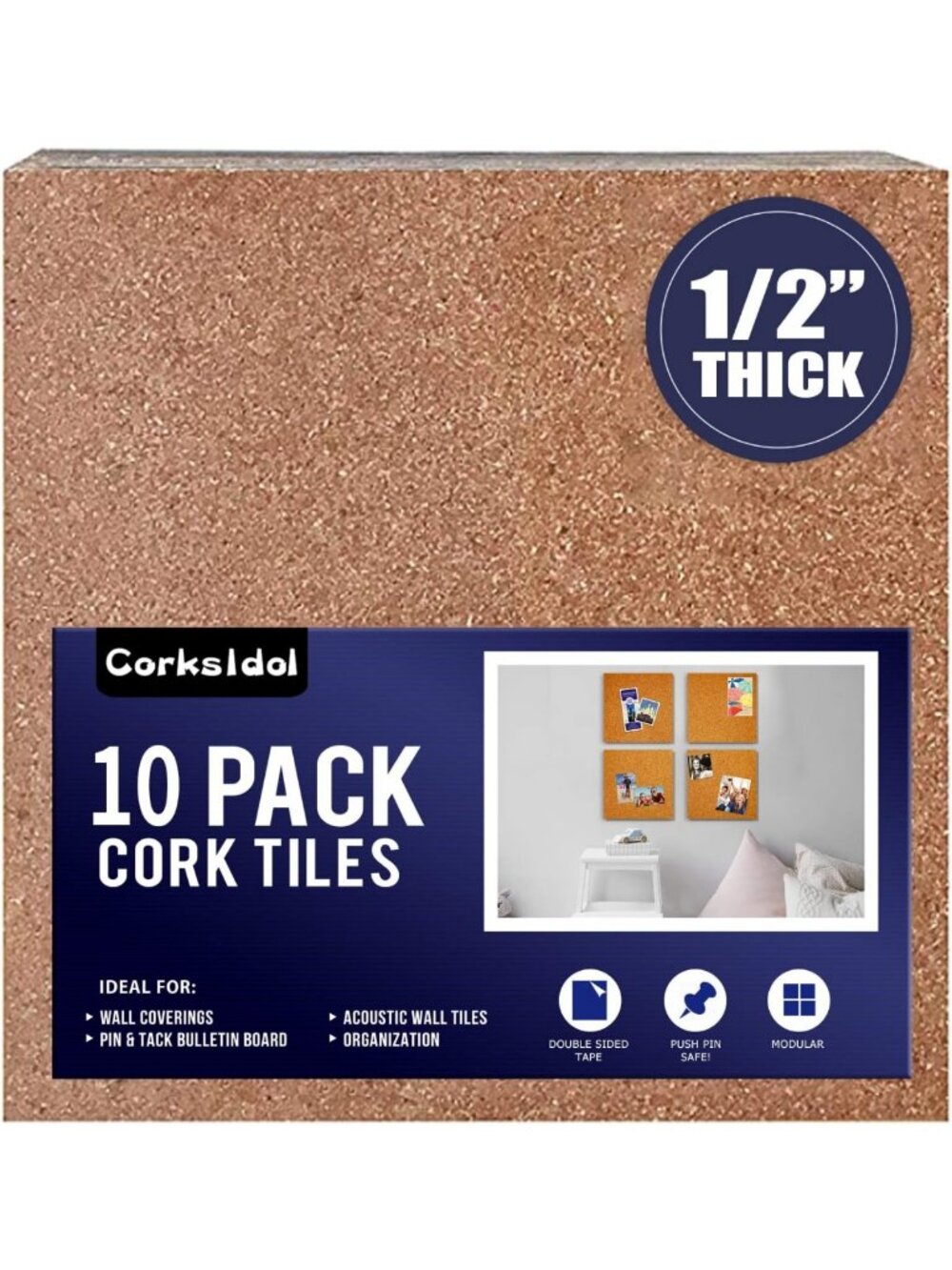 12"x12" Cork Tiles - 1/2" Thick Self-Adhesive Bulletin Board for DIY Projects